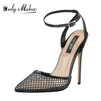 onlymaker womens sexy ankle strap mesh clear pointed toe 10cm slingback stiletto pumps black sandals shoes for summer