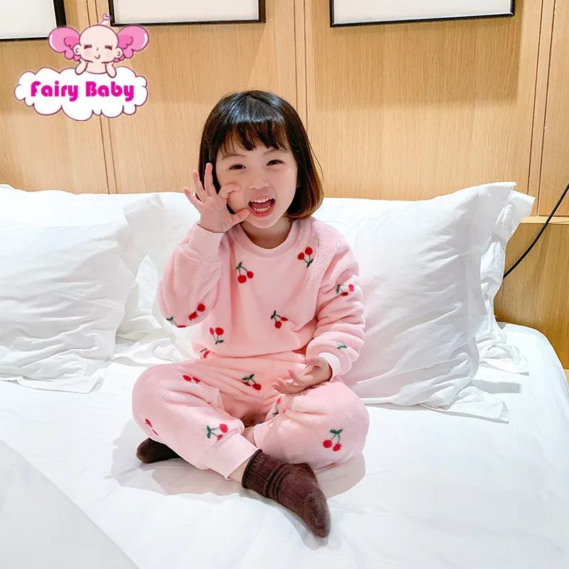 

Children'S Long-Sleeved Pajamas Women'S Soft Home Flannel Suit Round Neck Plus Velvet Padded Pajamas For Girls