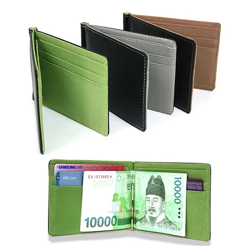 

Slim Men's leather money clips wallets women casual purse with metal clamp small bag for man credit card slots cash holder