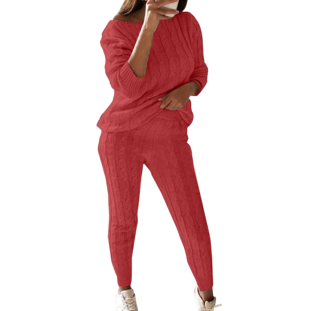 rose red MoneRffi Женский комплект из 2 предметов свитер с круглым вырезом топ+ штаны с эластичной талией осенний хлопковый спортивный костюм вязаный костюм женское пальто комплект из 2 предметов - Цвет: rose red