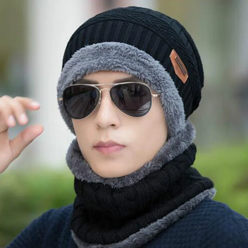 Теплая вязаная плюшевая шапка комплект с шарфиком из шерсти и меха толстая