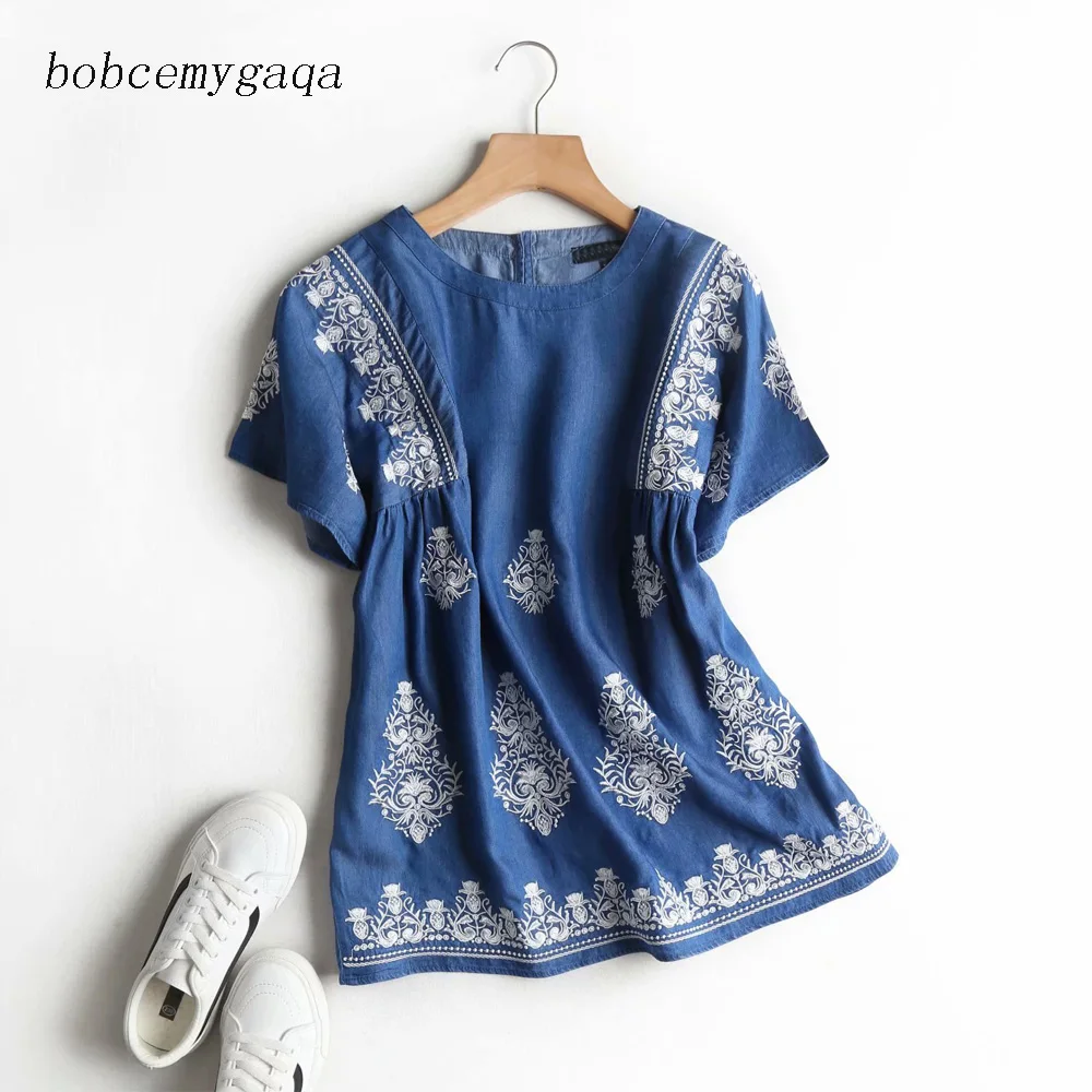 Блузка женская джинсовая с вышивкой Повседневная Свободная рубашка коротким