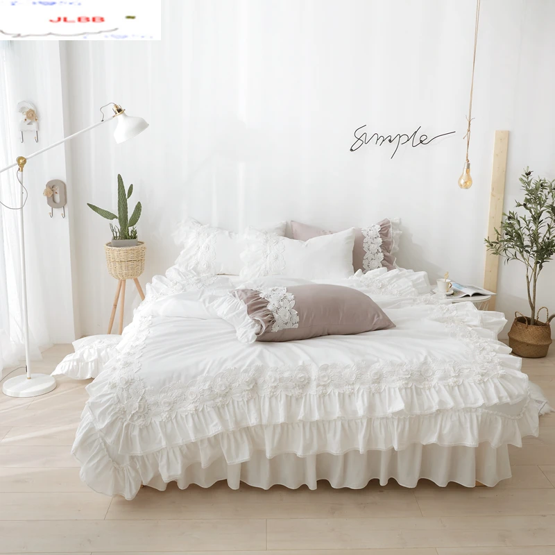 

Pure cotton lace Bedding Sets white Duvet Cover Set luxury Bed Linen princess bed skirt twin full queen king wedding bedclothes