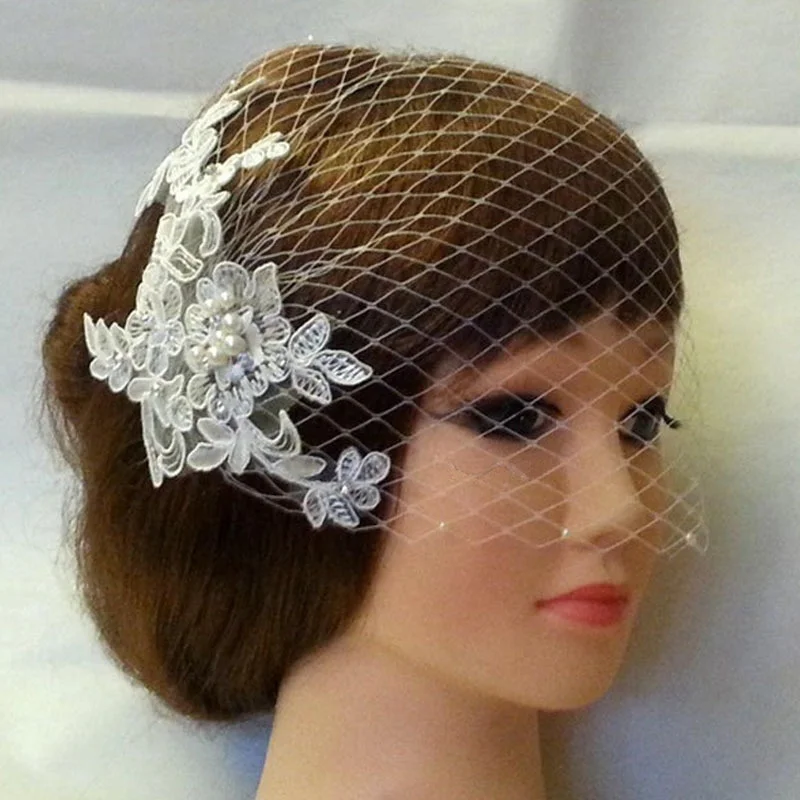 

TULX One Layer Lace White Bridal Veils Face Veil Bride Wedding Headdress Accessories Pearls Elegant Women Veil Fascinator