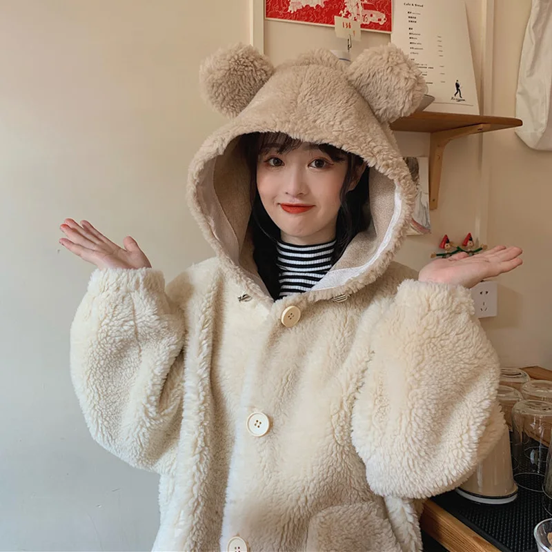 Vintage Winter Sweet Girl Cartoon Bear Ear Hooded Pocket Kawaii Coat Women Single-Breasted Keep Warm Thicken Lambswool Outerweat