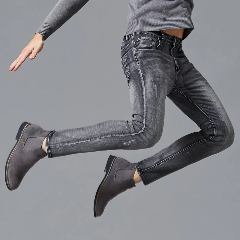 Бренд QMGOOD модные мужские серые джинсы высокая эластичность потертые со средней