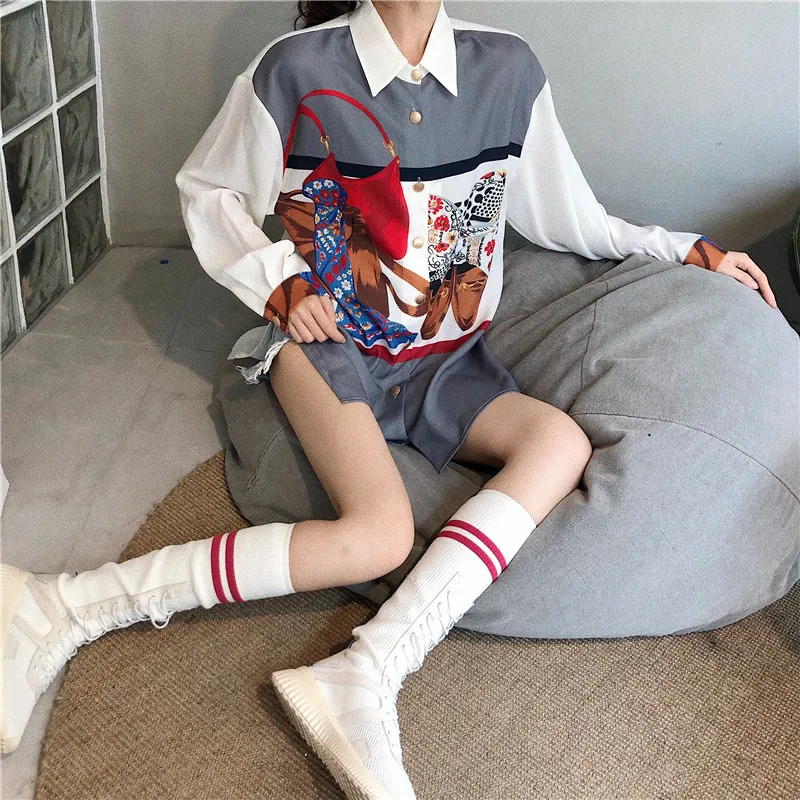 

patchwork Women's Clothing long sleeve Harajuku style fashion brand tops turn-down collar sweet Spring autumn shirts ulzzang