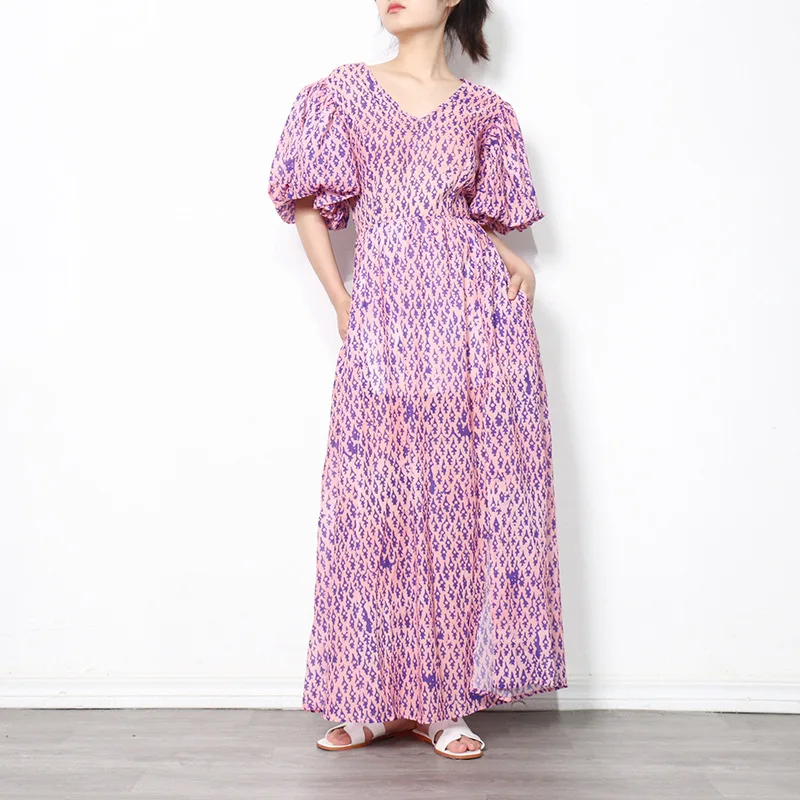 

Women Dress 2021 Summer Personality Print V-neck Bubble Sleeve Chiffon High-waist Split Long Dress Vestido Feminino