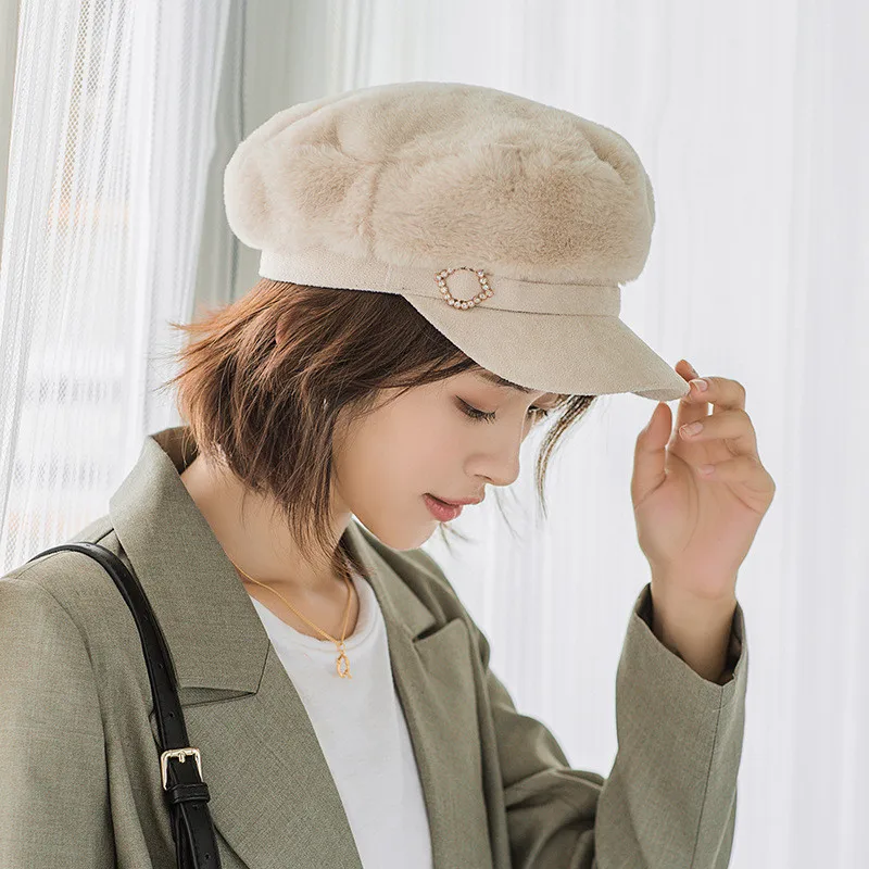 USPOP 2019 Women newsboy caps thick warm winter diamond buckle military patchwork velvet flat top visor |