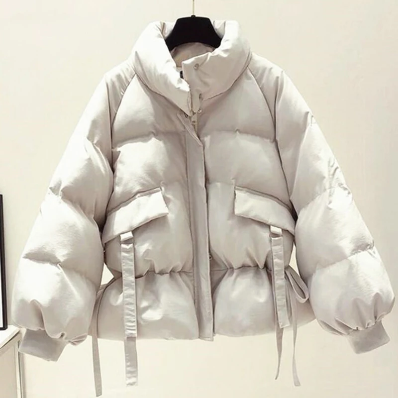 

Lucyever Korean Style Winter Parkas Womens Solid Color Stand Collar Coats and Jackets Woman Casual Lace Up Winter Clothes Women