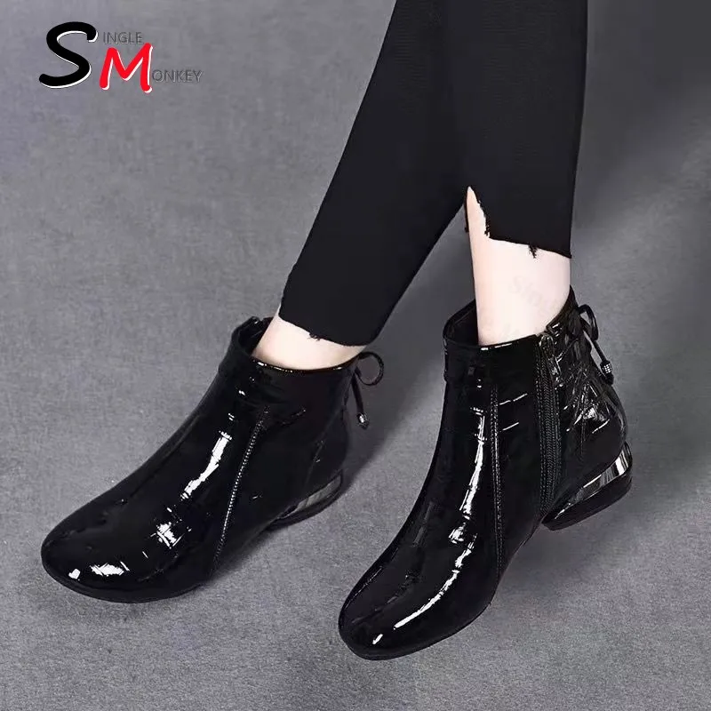 

Женские ботильоны с квадратным носком, осенне-зимняя обувь из искусственной кожи для женщин, дизайнерские новые модные ботинки на плоской п...