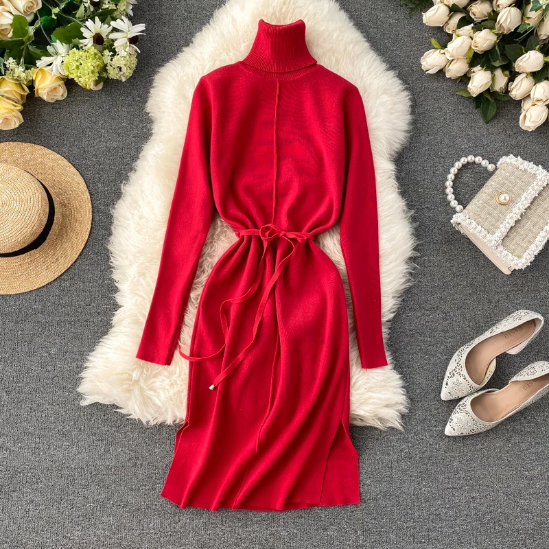 Mooirue осеннее женское платье свитер с воротником хомутом и поясом винтажное