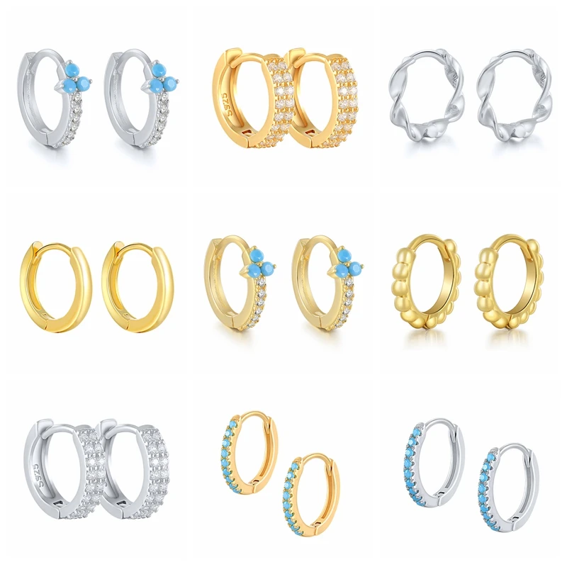 

Aide 925 Sterling Silver Turquoise Gold Hoop Earrings For Women Cubic Zirconia Jeweled Twist Small Beads Circle Huggie Earrings