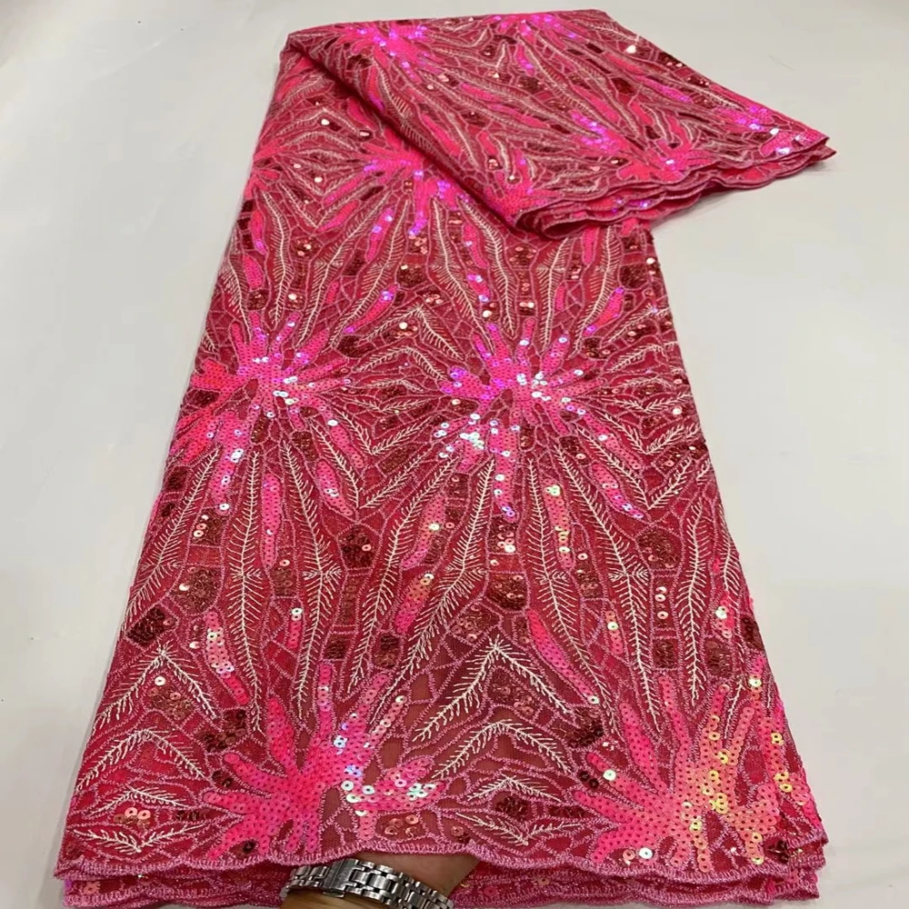 

Hot Sale Nigerian Lace Fabric 2021 Red Rose African Sequins Net Embroidered French Soft Tulle Lace Fabric For Evening Party