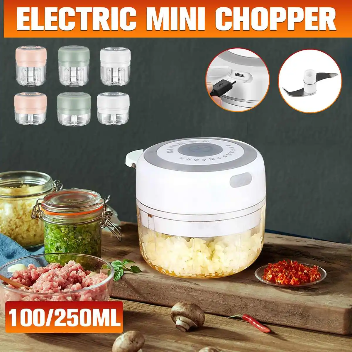 

Mini USB Press Wireless Electric Masher Garlic Chopper 100/250ml Meat Grinder Crusher for Nut Vegetable Fruit Ginger Food Proces