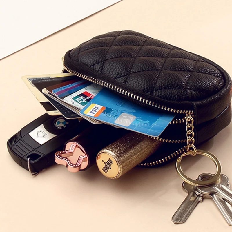 

Women Faux Leather Small Wallet Double Zipper Diamond Embroidery Thread Coin Purse Bag Card Holder Clutch with Key Ring