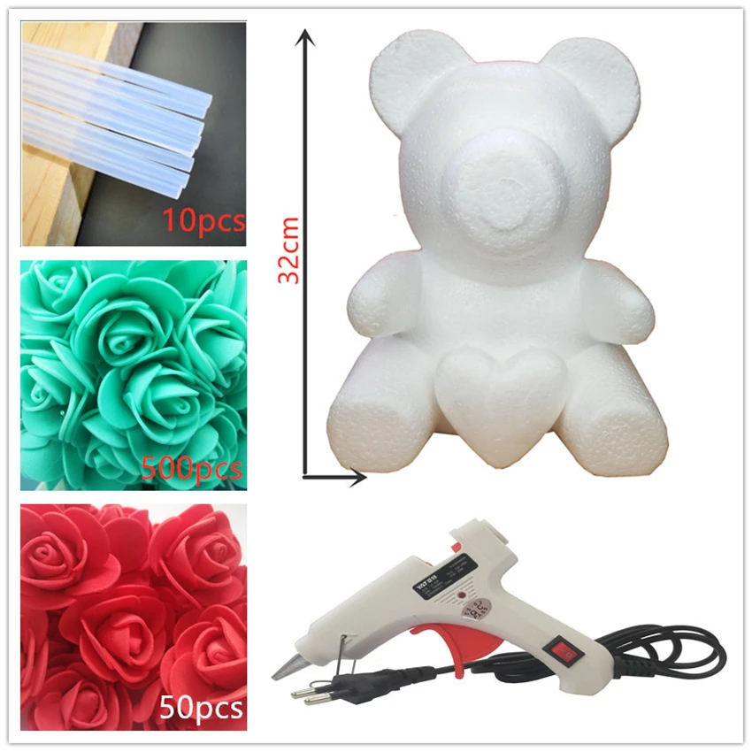 38cm green bear 32 см пена Роза медведь плесень DIY искусственный цветок розы медведь розы с сердцем для влюбленных подарки - Цвет: 38cm green bear