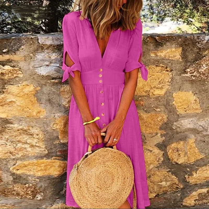 

Elegant Lady Button Wrap Midi Party Dress Vestidos Casual Women Summer Beach Boho Dress Sexy Deep V-Neck Solid Half Sleeve Dress
