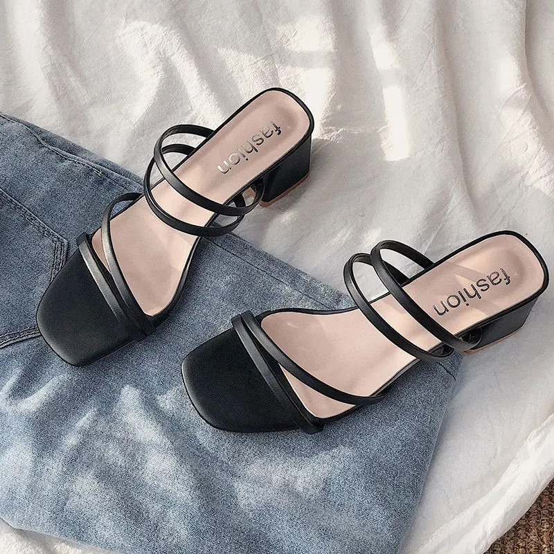 

2021 Female Sandals Summer Square Toe One-strap Slippers Ladies High Heels Sexy Open Toe Slides Party Shoes Women Sandals