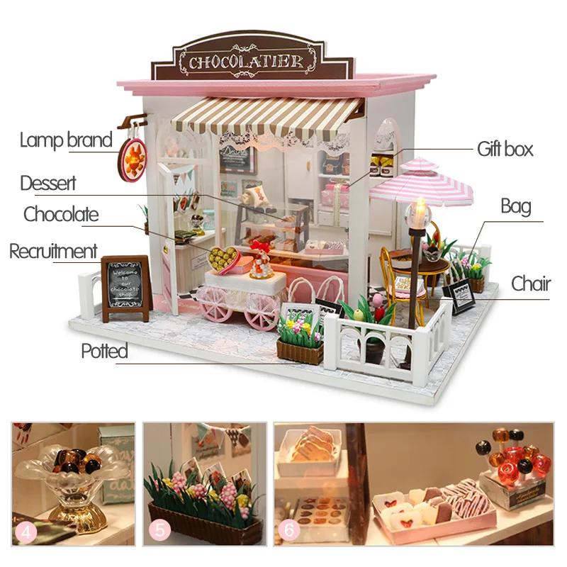 

Doll House Miniature DIY Dollhouse With Furnitures Wooden Sweet Chocolate House Waiting Time Toys For Children Birthday Gift