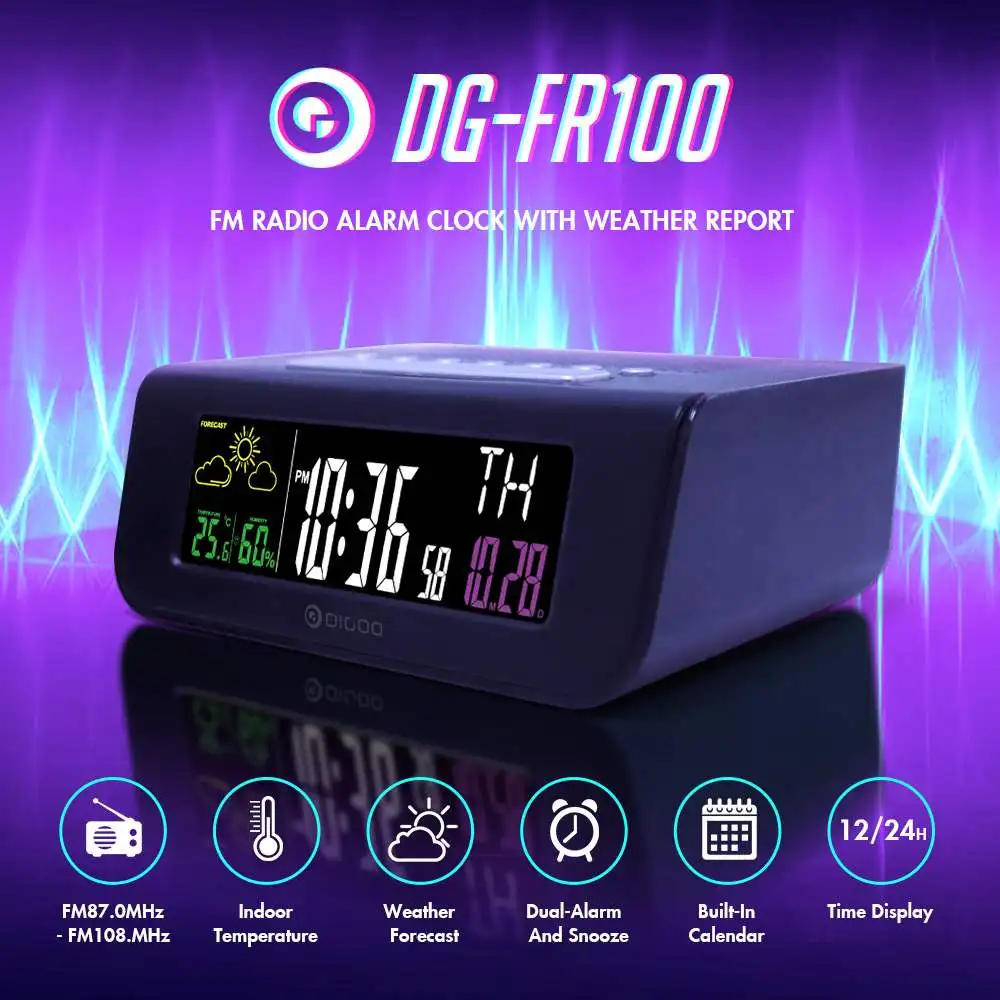 Digoo DG-FR100 цвет беспроводной FM радио часы цифровой Повтор двойной-будильник погоды Календарь Температура Влажность