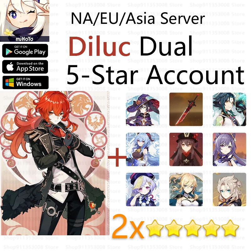 

Diluc Dual 5 star Genshin Impact Account 2 5-Star Characters Mona Qiqi Jean Keqing Xiao K Albedo Ganyu Hutao NA/EU/Asia server
