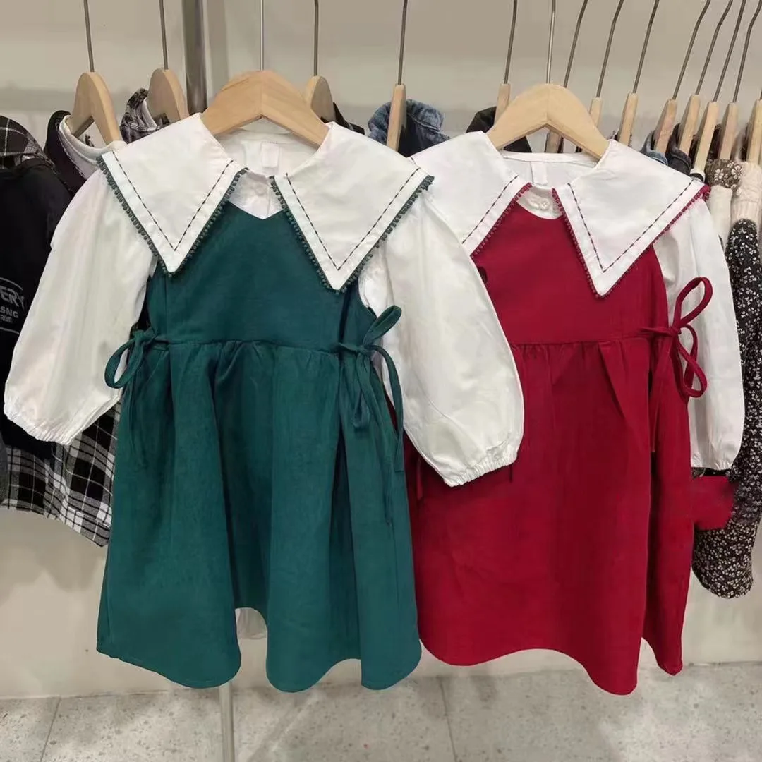 

WLG Baby Girl Clothes Spring Fall White Shirt and Green Red Strap Dress Set Kdis Girls Casual Clothing Set