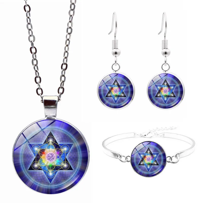 

Sacred Geometry Hexagram Magic Array Glass Pendant Necklace Bracelet Earrings Jewelry Set Totally 4Pcs for Women's Fashion Gifts