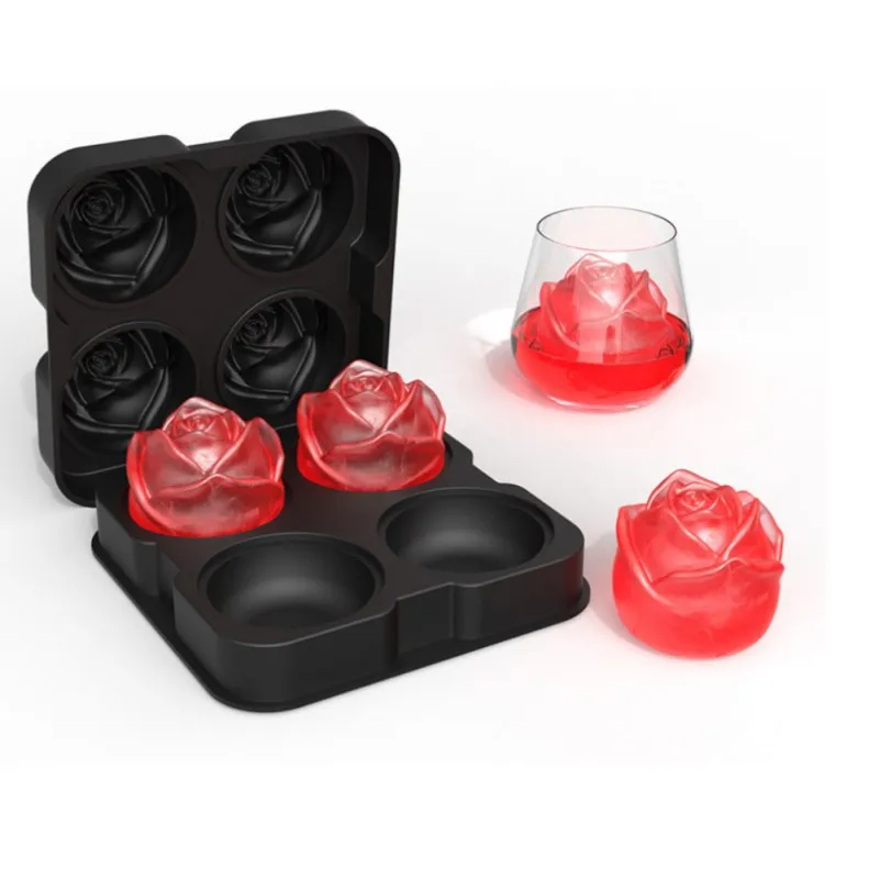 

household products Rose Ice Rubber 4 Elevated Silicone Ice Cocktail Creative Valentine's Day Gift - Rose Black With Funnel Bar