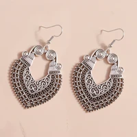 new tibetan silver vintage carving heart pendant drop earrings retro dangling ear clips for women hot bohemia jewelry