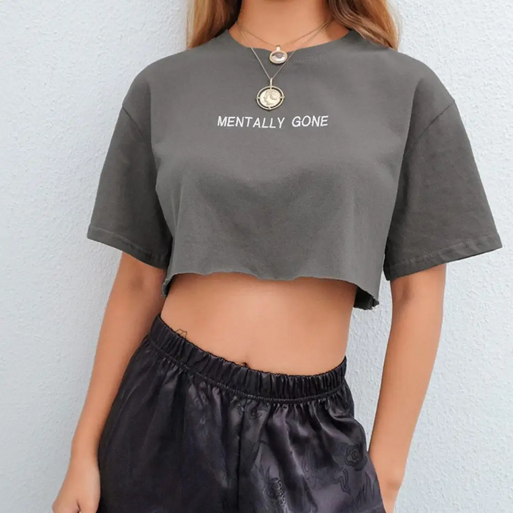 

Women Summer O-Neck Casual Crop Top Female Clothing Crop T-Shirts Top Shorts Women Tracksuit Short Loose Embroidered W9F0