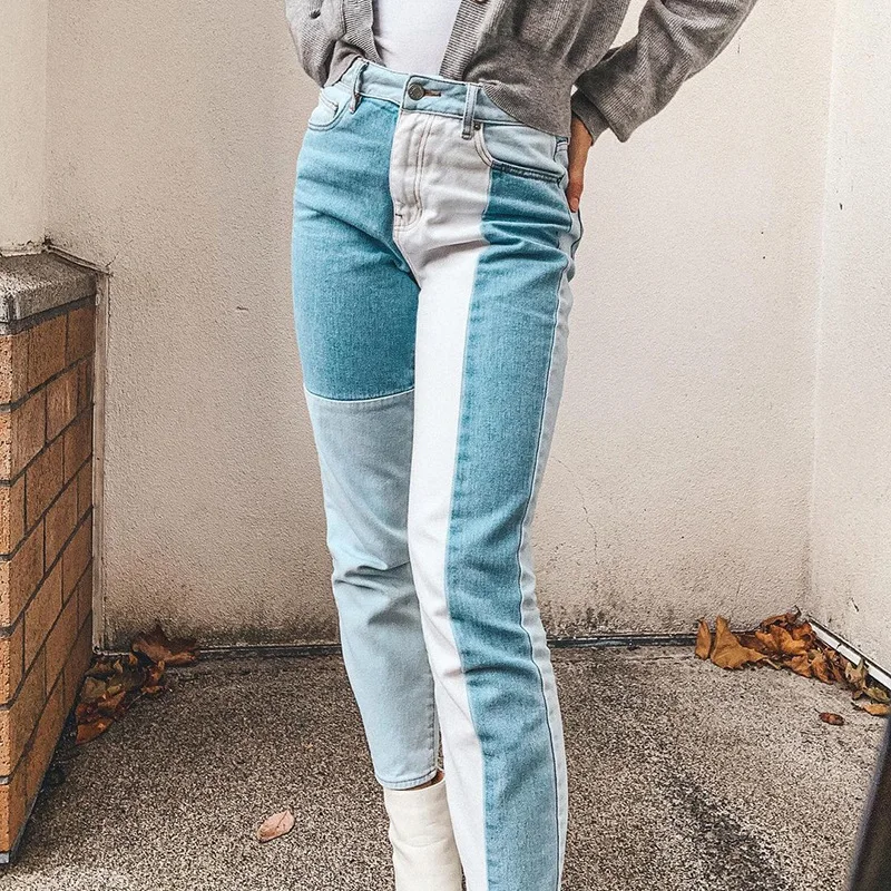

Jeans Female Ankle Length Patchwork Spliced Colorful High Waist Button Harem Pants Fashion Slim Wild Women Trousers S-L