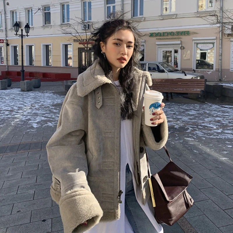 Женский пуховик зимняя замшевая куртка утепленное пальто из овечьей кожи