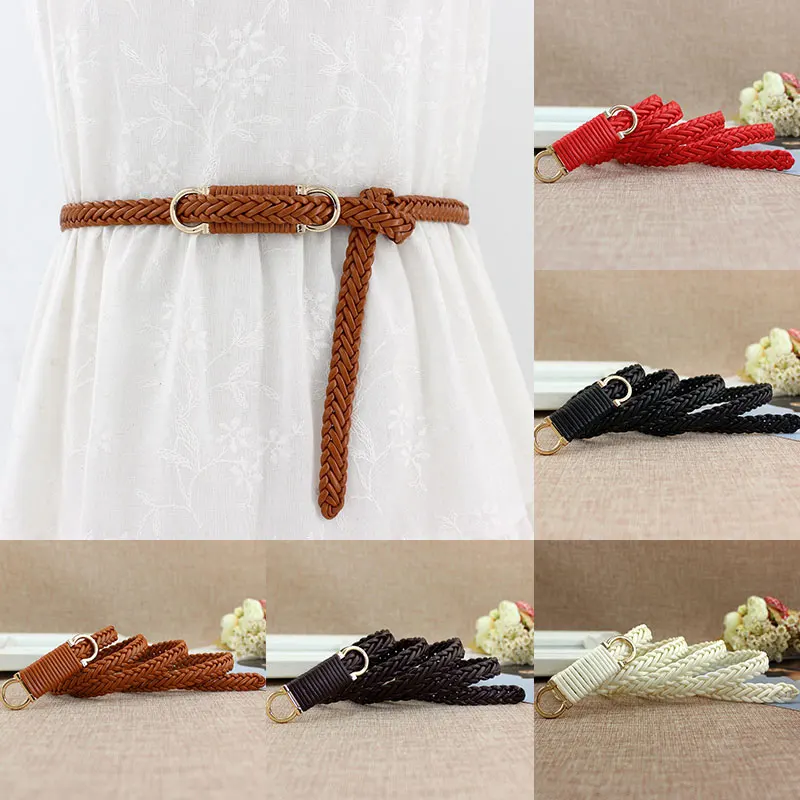 Модный плетеный кожаный ремень женский пояс на талию тонкая Пряжка однотонный