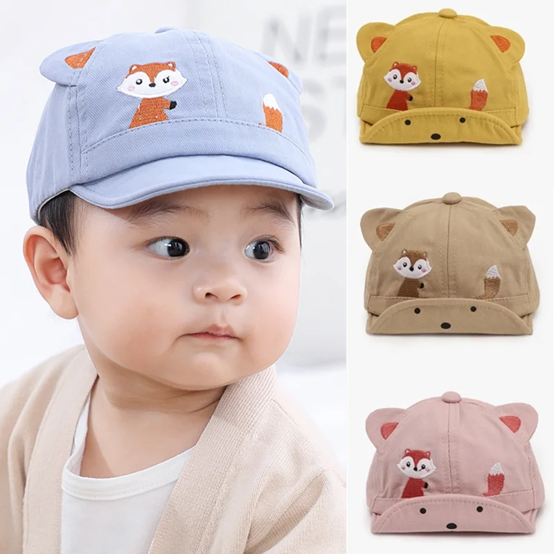 

4 Colors Cotton Adjustable Embroid Anti-Sunburn Cartoon Fox Children Girls Boys Spring Summer Baseball Cap Sun Hats 1-3 Years