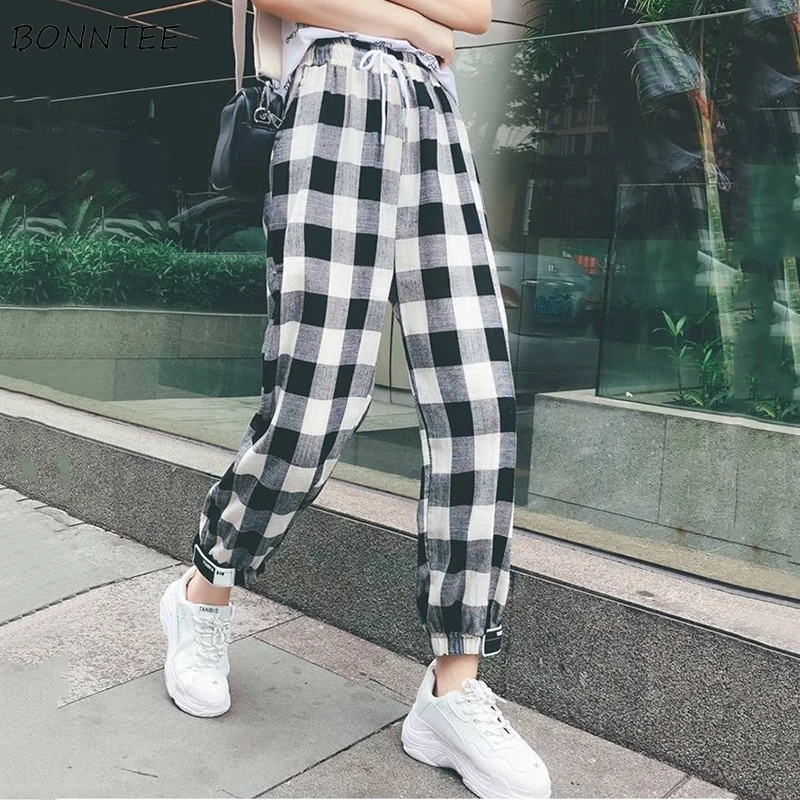 Брюки женские свободные до щиколотки универсальные шаровары в клетку с