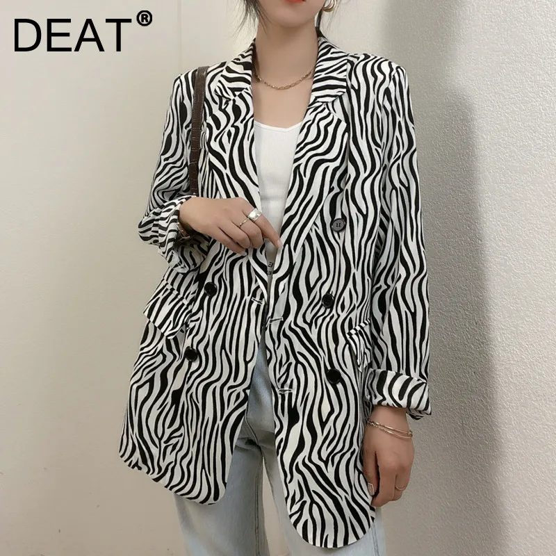 

DEAT 2021 new women fashion black and white notched long sleeve patchwork stripes double breasted blazer Fit autumn 7E6268