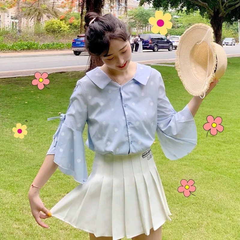 Повседневная Свободная рубашка в стиле ретро с волнистыми точками и коротким