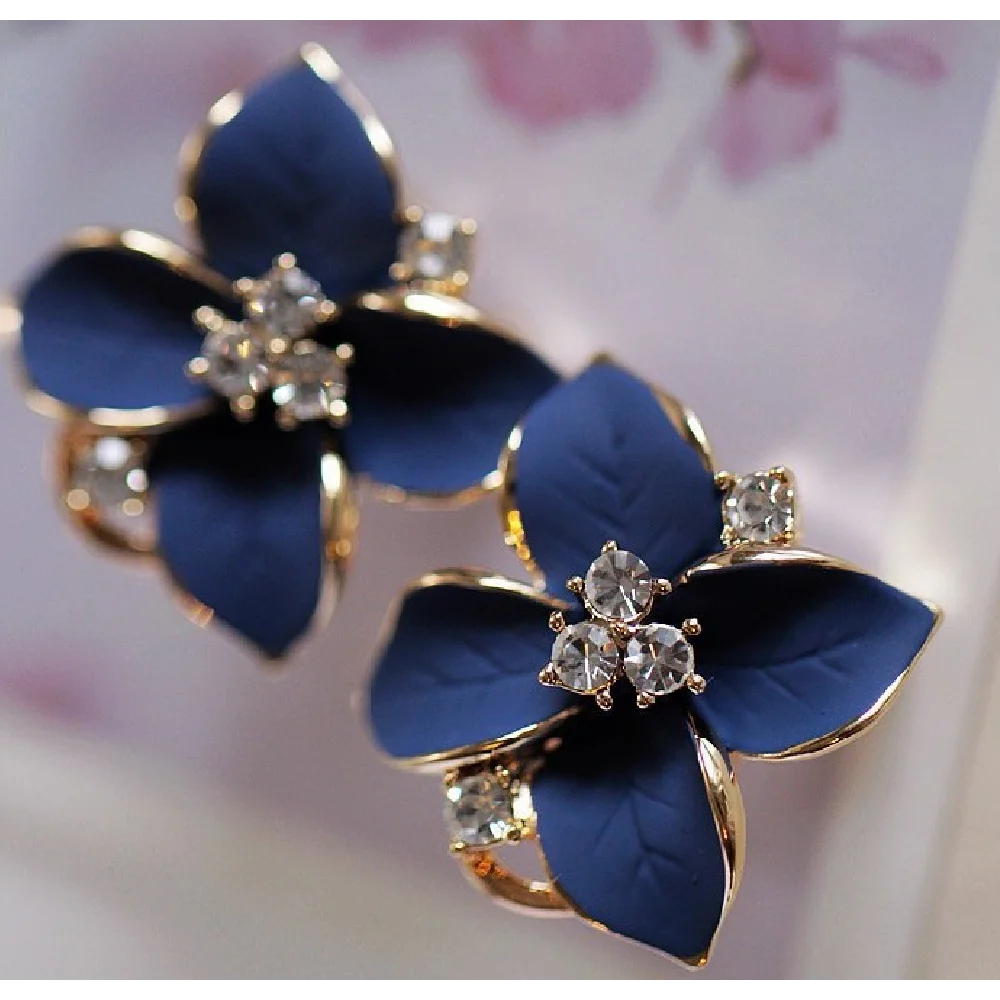 

New Camellia Earrings Female Fashion Sapphire Blue Pink Three-dimensional Frosted Ear Clip Small Jewelry Ladies Gifts