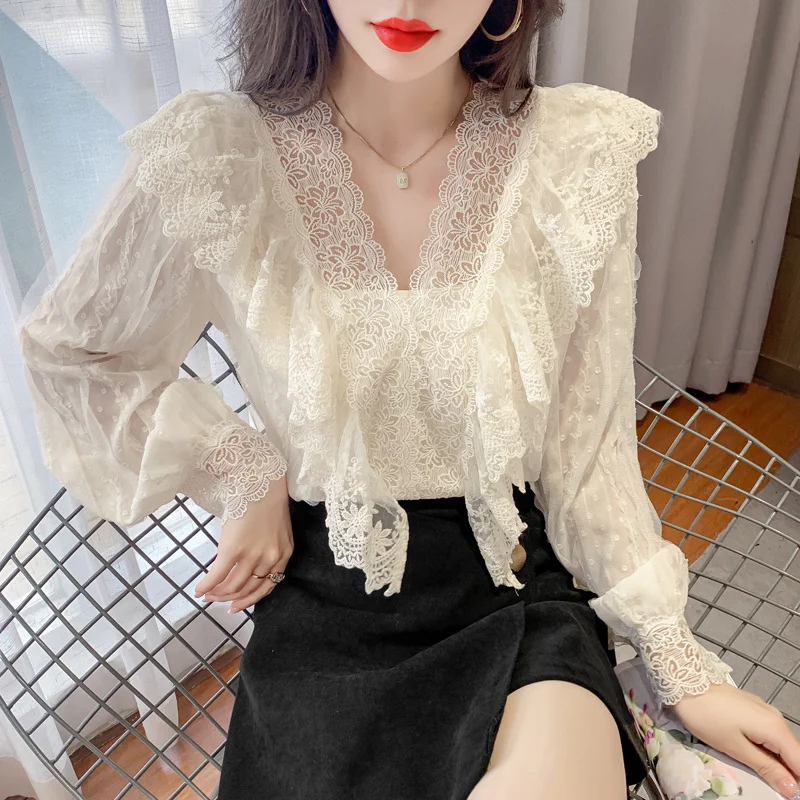 

2021 ранняя Осенняя Новинка корейский стиль V-образный вырез Кружевная Лоскутная оборка элегантная кружевная рубашка