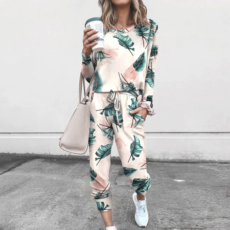 

OM9126 Fashion Long-Sleeved T-Shirt Trousers Suit Ladies Casual Printing Solid Color Two-Piece Home Commuter Slim Suit Girl