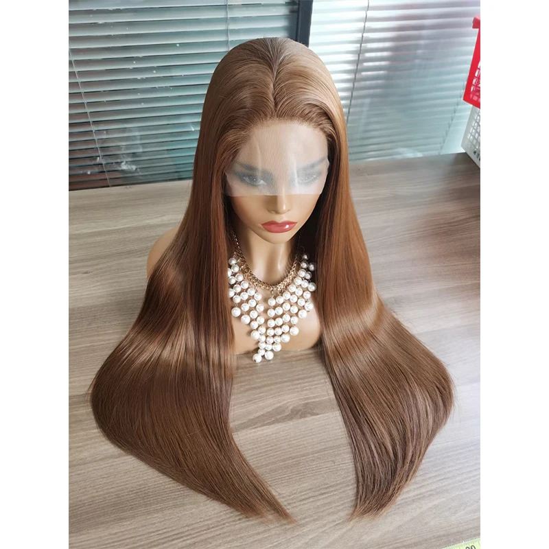 

26Inch 180%Density Golden Long Straight Synthetic Lace Front Wig For Women With Baby Hair Heat Resistant Fiber Daily Wig