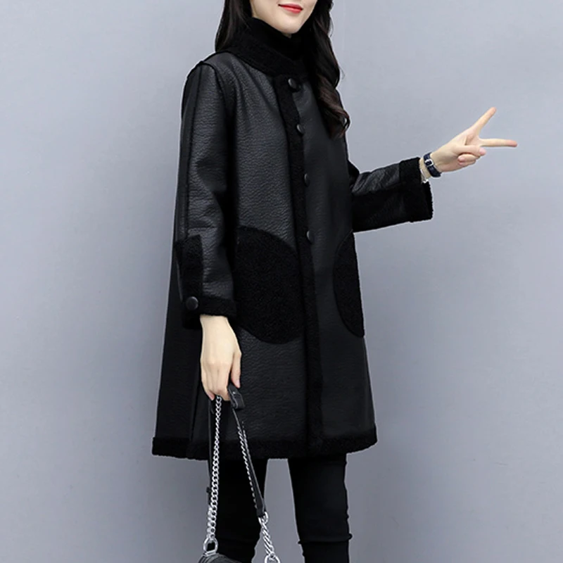 

Fashion Women's Leather Jacket Mid-Long PU Leather Winter Jackets Black Casual Thicken Lamb Wool Splicing Faux Leather Outwear 5