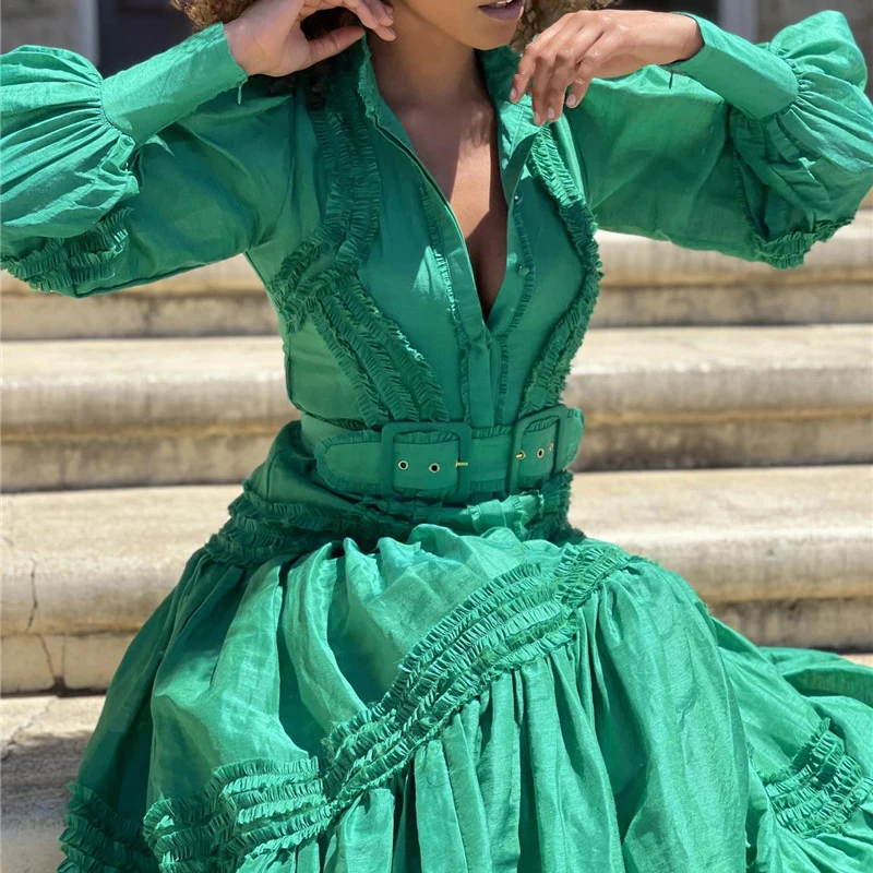 

ECRURANI Elegant Ruched Dresses For Women Lantern Long Sleeve High Waist Slim Dress Female 2021 Clothing Fashion Tide New