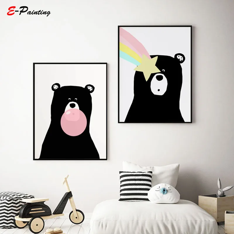 Modern Wall Art Cute Black Bear with Star Woodland Prints Nursery Kid Bedroom Living Room Home Decor Christmas Gift | Дом и сад