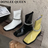 new brand chain boots women fashion square toe flat heels ankle boots female chelsea shoes 2021 autumn footwear zapatillas mujer