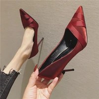 red silk pointed toe thin heels british style women non slip breathable pumps sexy single shoes classic light office shoes