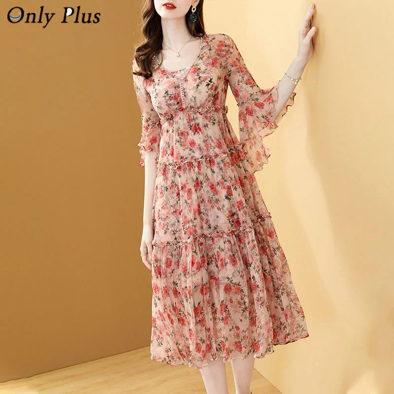 

FV Summer Bohemain Floral Printed Dress For Women Flare Sleeve Chiffon V-Neck A-Line Fairy Dresses For Women