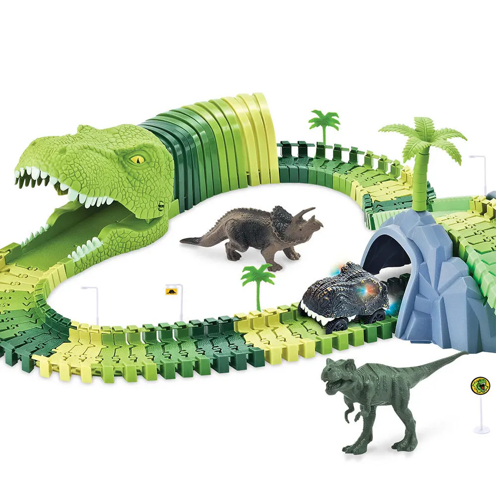 

2021 New home dinosaur toy scene track set new accessories listed with dinosaur head electric rail car