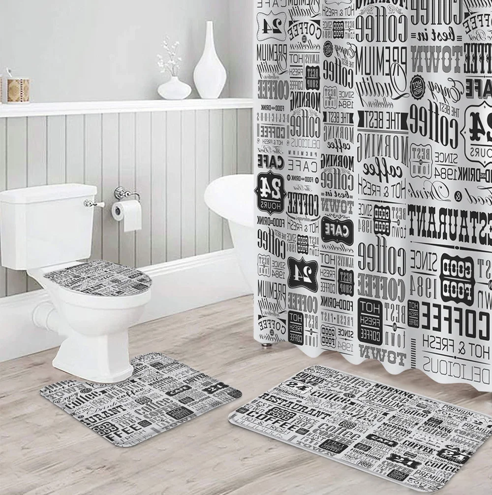 Vintage Text Coffee Shower Curtain Sets Non-Slip Rugs Toilet Lid Cover and Bath Mat Waterproof Bathroom Curtains | Дом и сад